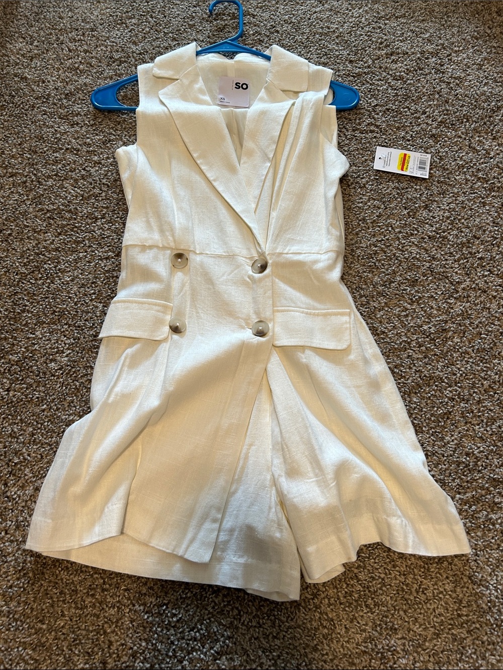 SO White Double-Breasted Sleeveless Linen-Blend Romper